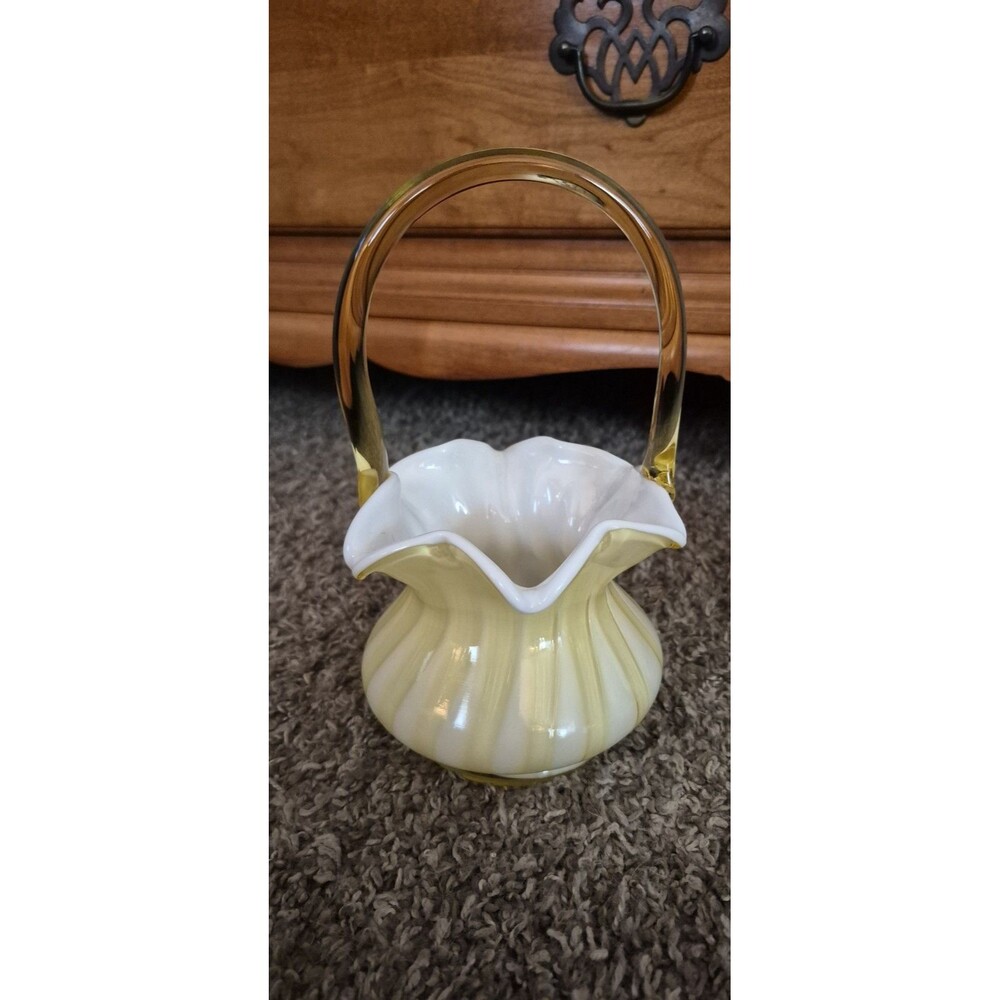 Fenton Art Glass Brides Basket Yellow Ruffled Edge